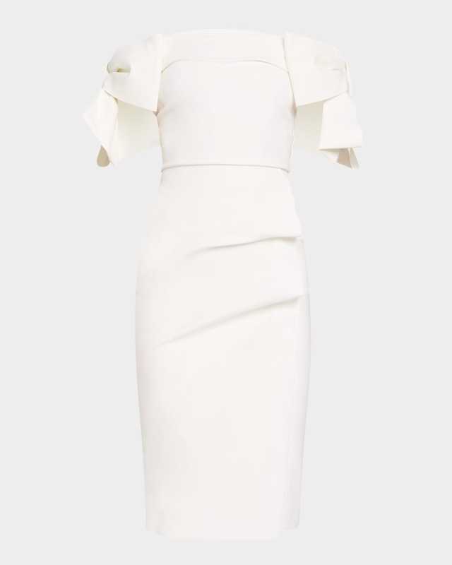 Bunjiree Off-Shoulder Bow Midi Sheath Dress